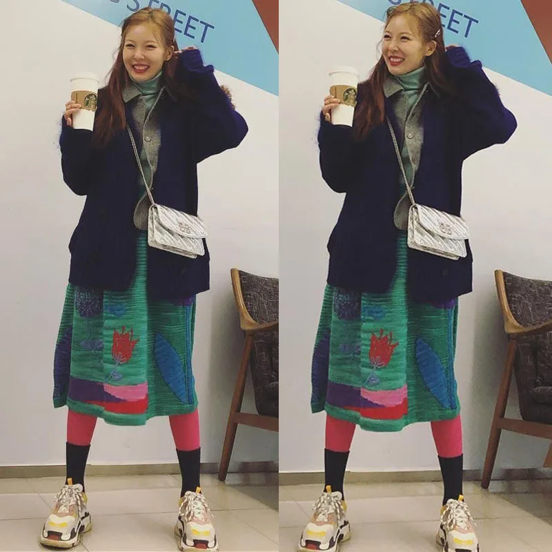 

Micro-born Three-dimensional Flower-pattern Green Wool-woven Semi-body Skirt 2019 Mid-Calf Appliques Geometric Skirts Women