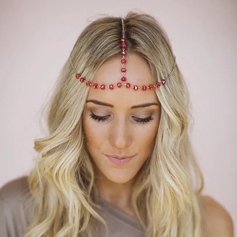 Fashion Women Head Jewelry Chram Red Bead Head Chain For Women Headband