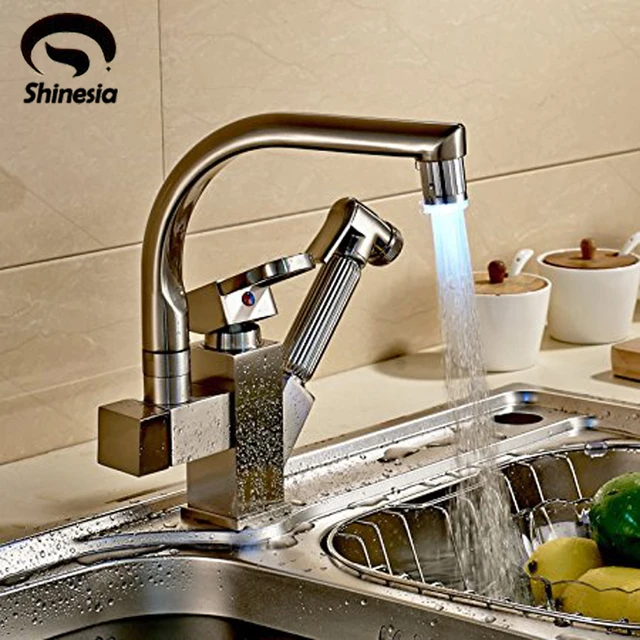 Special Offers Deck Mounted Brushed Nickel Double Spout Swivel Kitchen Faucet LED 3 Color Change Pull Out Hand Spray Mixer Tap