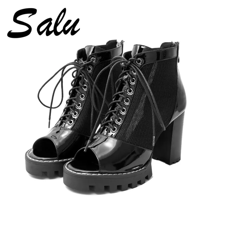 

Salu Peep Toe Ankle Boots Women 2019 New Hollow Square High Heel Zipper Summer Genuine Leather Sandals Female Summer Boots