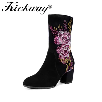 

Kickway Women High Heel Boots Winter Ankle Round Toe Sexy Ladies Shoes Woman Ethnic Embroidery Flower Half Short Boots Size34-43