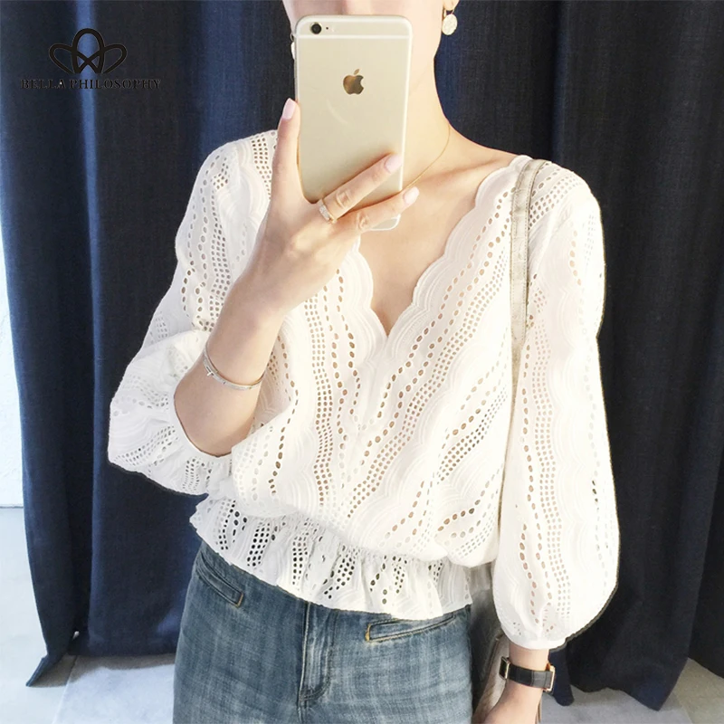 

Bella Philosophy 2018 Women Shirts Sexy V-Neck Hollow Out Embroidery Lantern Sleeve Short Blouse Shirt Shirts Fashion Casual Hot