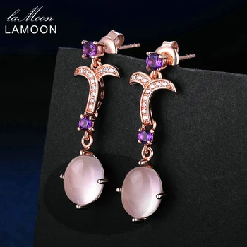 

LAMOON 7X9mm 100% Natural Oval Pink Rose Quartz 925 Sterling Silver Jewelry Drop Earrings S925 LMEI010
