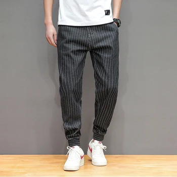 

Male Trend Loose Denim Hip-Hop Jeans Harem Pants Blue Black Striped Trousers for men Size 42 Mens Joggers Sweatpants