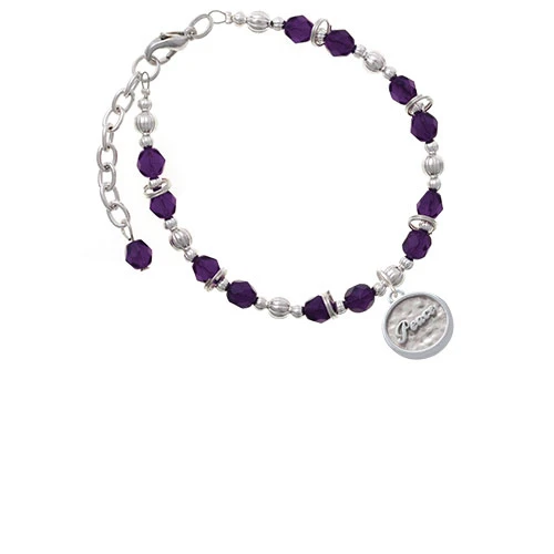 Silvertone Peace - Round Seal Purple Beaded Bracelet