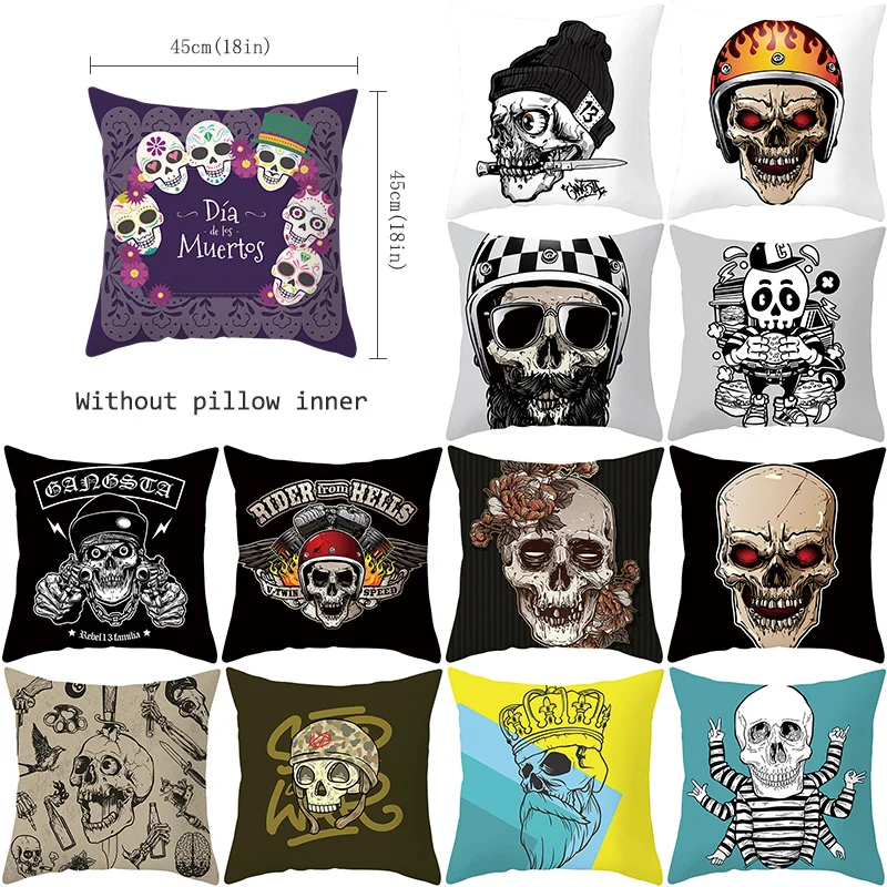 

YWZN Skull Printing Throw Pillow case Black and White Skull Polyester Decorative Pillowcase Pillow Cover kussensloop