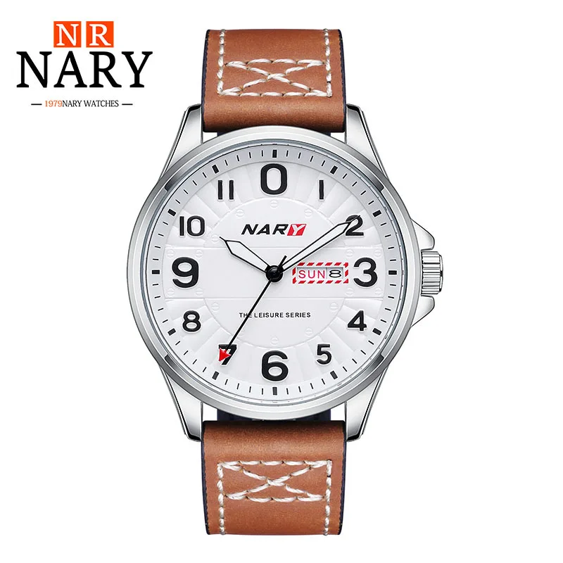 

NARY Fashion Men Watches Waterproof Luxury Brown Black Male Leather Quartz Watch Sports timepiece man Calendar Clock relogio