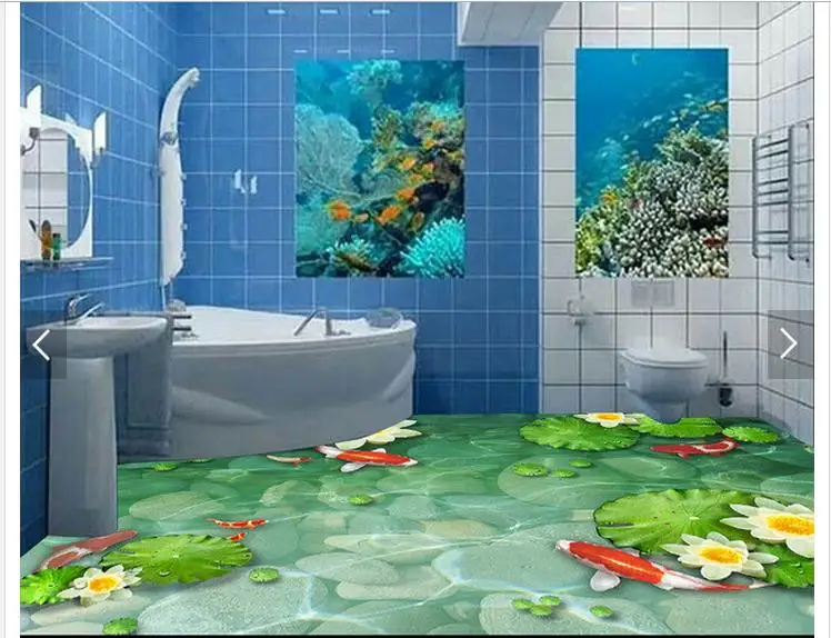 

Custom photo floor wallpaper Lotus carp sitting room 3 d bathroom floor 3d mural PVC wallpaper self-adhesion floor wallpaer