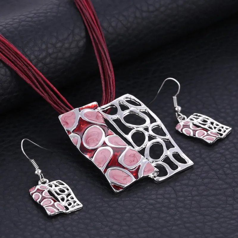 

Fashion Silver Jewelry Set 2019 Leather Chain Enamel Gem Necklace Set for Party Bridal Jewelry Sets Summer Jewelry Sets Women