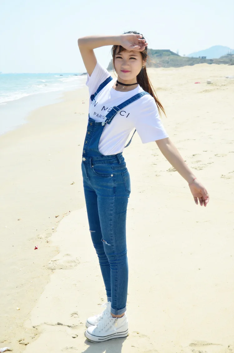 NEW Fashion 2016 summer blue color the pure cotton casual women hole ripped button fly overalls