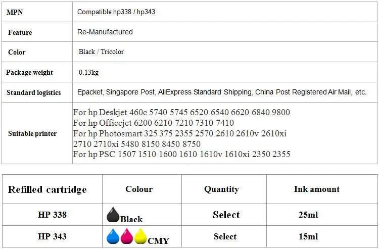 Совместимый чернильный картридж для hp 338 343 для hp Deskjet 325 375 2355 2570 5740 6520 6540 6620 6840 9800 принтер для hp 338 пополнен