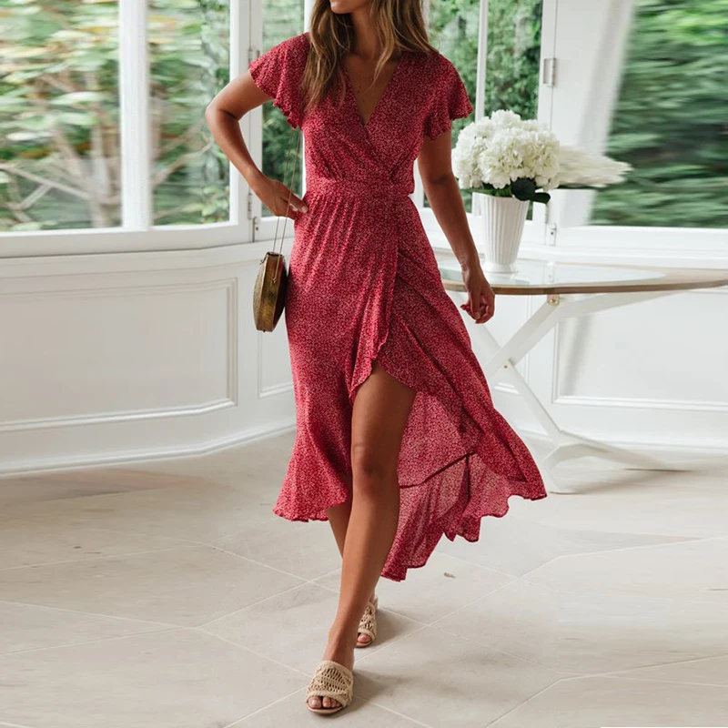 

2019 Summer Long Dress Women Casual Short Sleeve Polka Dot Dress Elegant Ruffle Boho Style Beach Dress Maxi Sundress Vestidos
