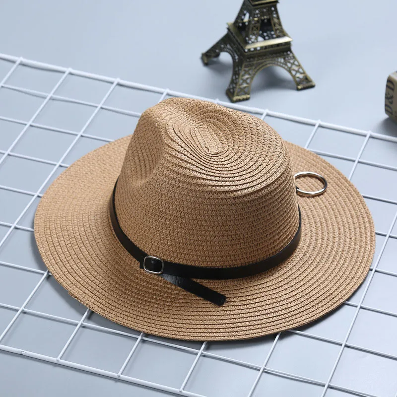 Летние соломенные шляпы с кожаным поясом круг кольцо Панама Sunhat Джаз пляжные солнцезащитный козырек шляпа уличные шляпы и шапки для мужчин и женщин