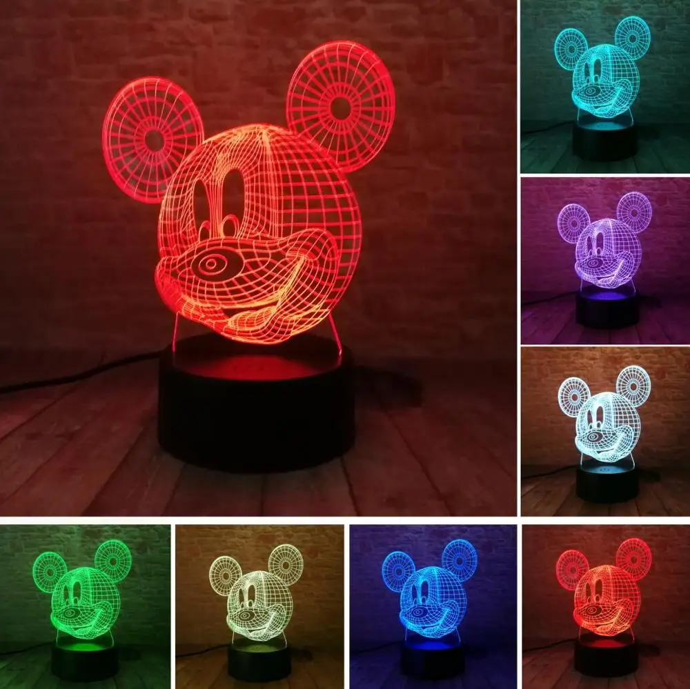 Amroe Горячая 3D с изображением мультипликационного персонажа Kawaii персонажей Ститч Минни Микки робот принцессы queen «Принцесса Эльза» для девочек, 7 цветов RGB светодиодный ночной Светильник подарки для детей - Испускаемый цвет: Mice 1