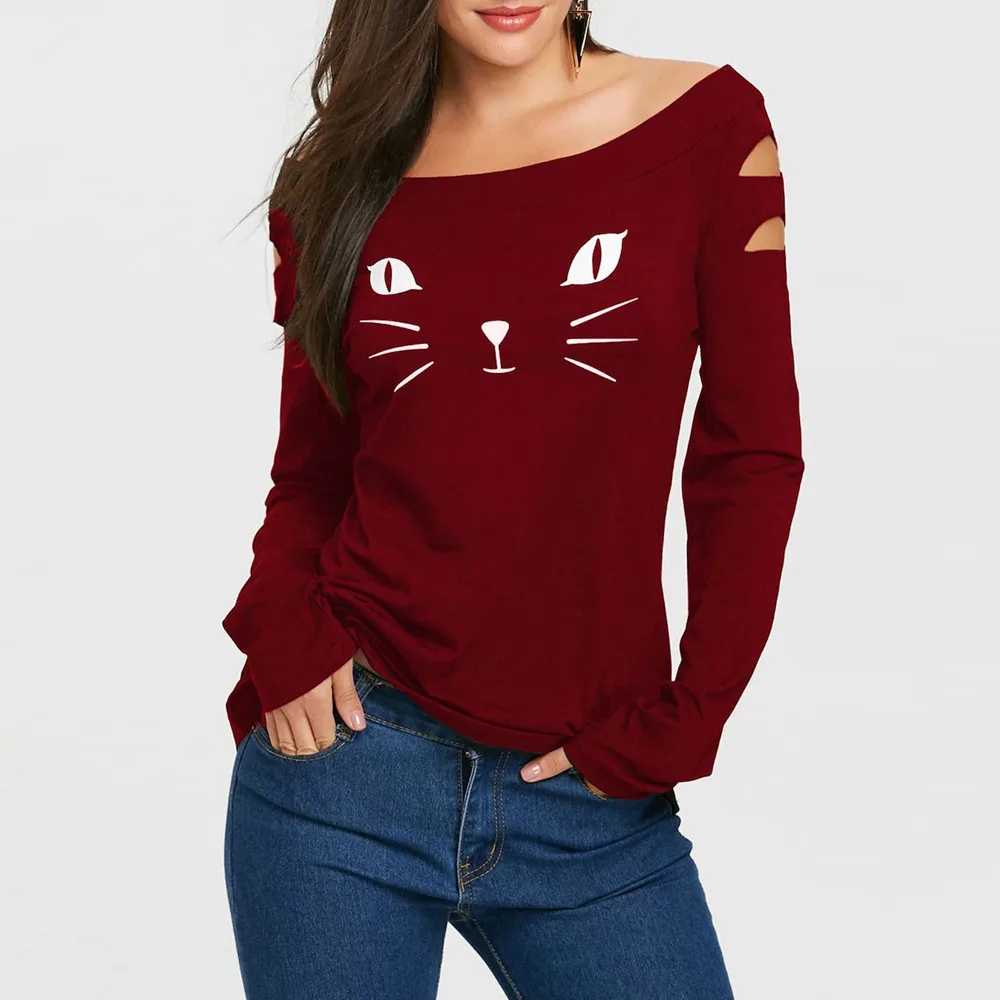 

2019 New Women Cat Cold Shoulder Loose Casual Long Sleeve Shirt Tops Blouse Spring Sunmmer Red Black shirt Women A20
