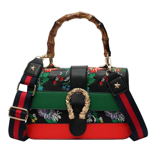 Женская искусственная дизайнерская бамбуковая сумочка женские роскошные цветочные сумки с вышивкой, через плечо для женщин Весна Новые сумки и кошелек - Цвет: Черный