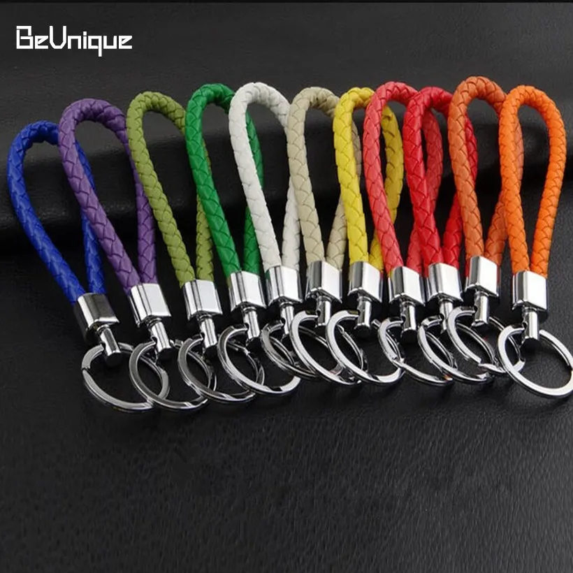New arrive Colorful PU Rope Keychain Hand woven rope stainless steel