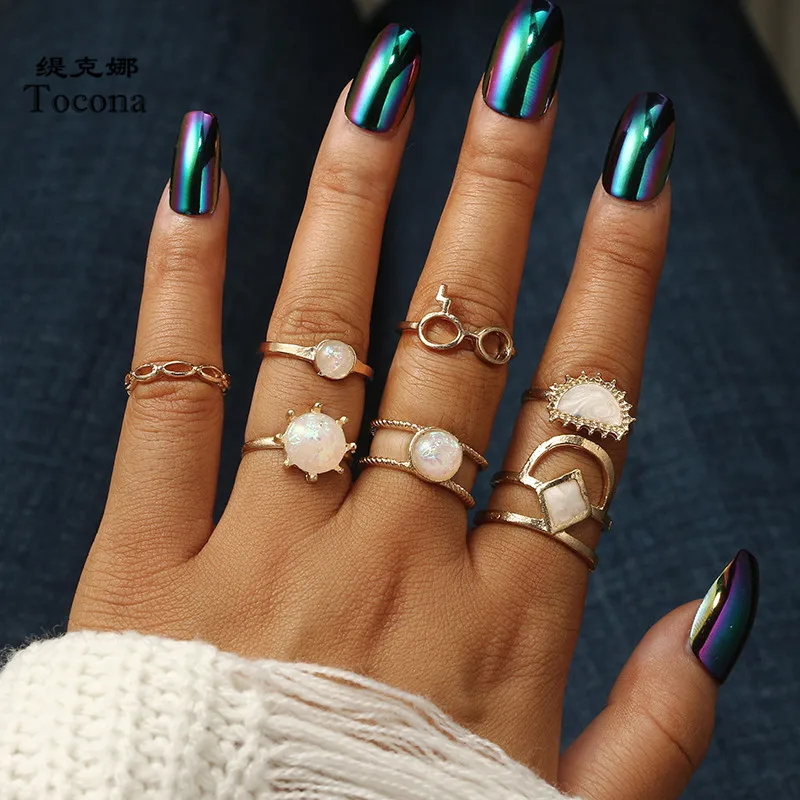 

Tocona 7pcs/Set Bohemian Sun Glass Midi Finger Rings Set for Women Colorful Opal Stone Knuckle Alloy Rings Jewelry 4270