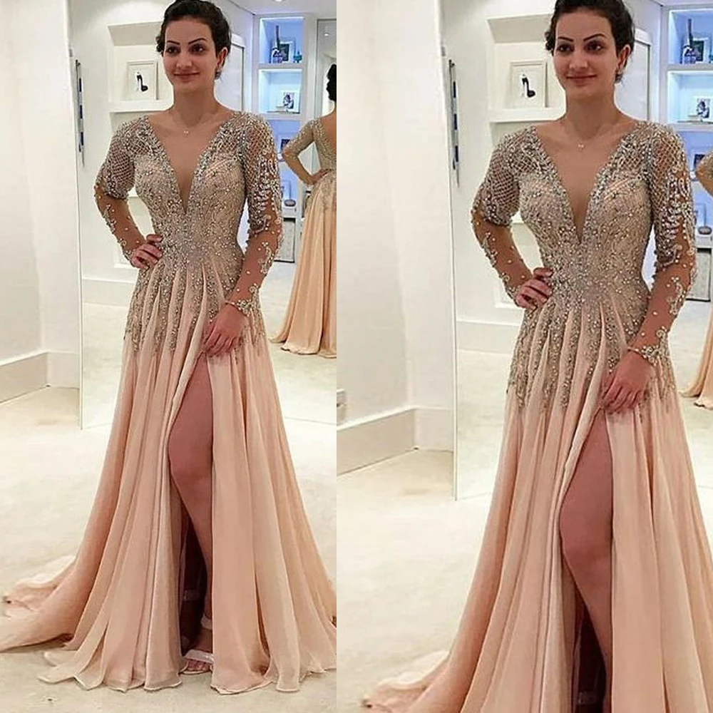 

SuperKimJo Crystal Prom Dresses Long Sleeve Beaded Champagne Elegant Prom Gown Vestidos De Gala Robe De Soiree