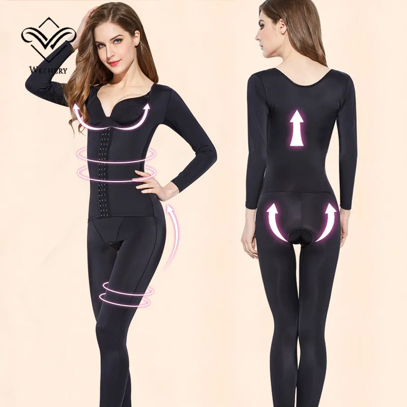 

Wechery Shaper Women Shapewear Eyes and Hook Slimming Bodysuit Full Length Long Sleeve Body Shaper Open Crotch