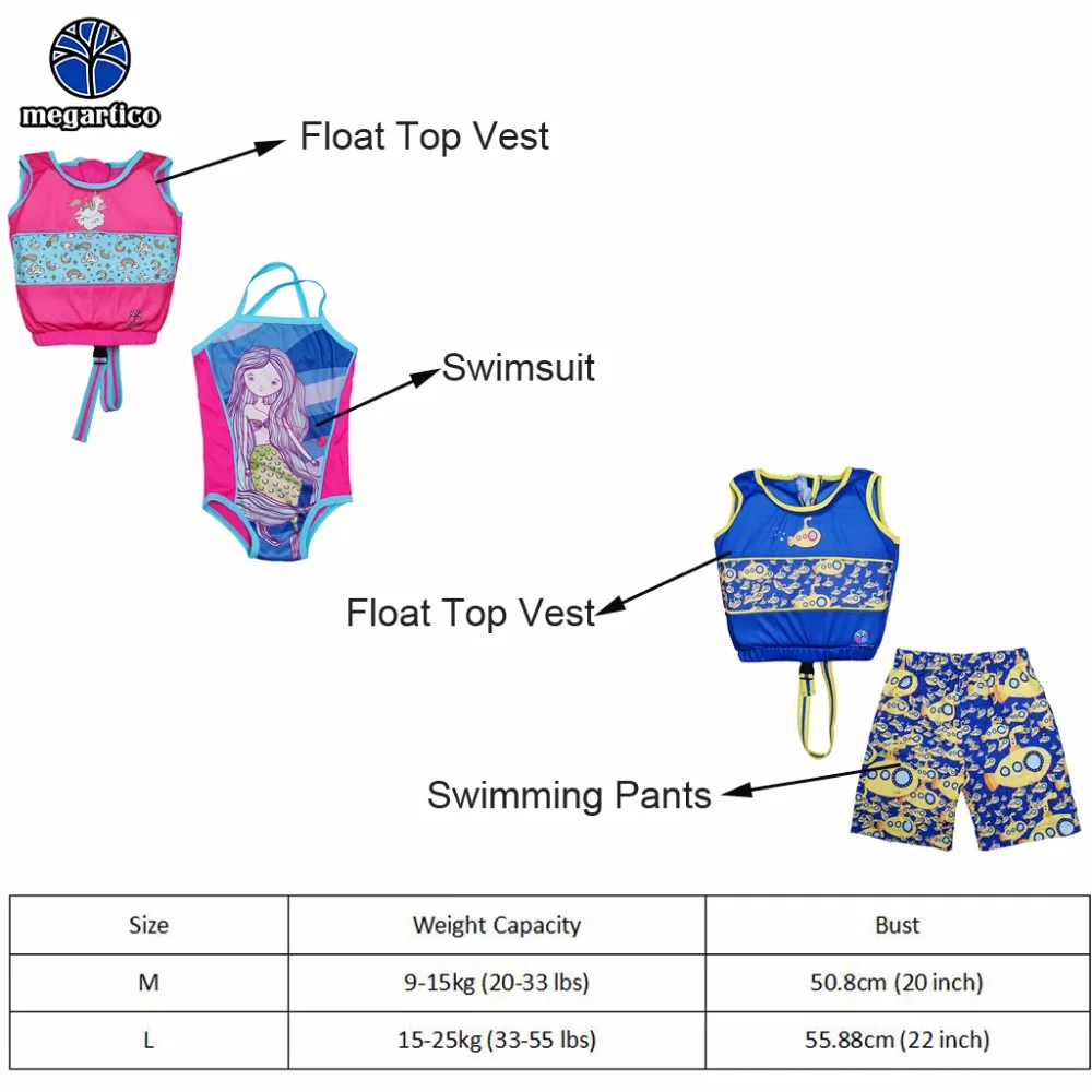 Megartico life vest kids swim trainer suit for children boys toddler float aids sharks girls life jacket vest 2 pieces set