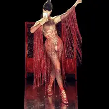 Сексуальные комбинезоны красный аксессуар с кисточками женские костюмы Производительность DJ Показать купальник для пения, танцев Ночной клуб Stage бар Звездные боди