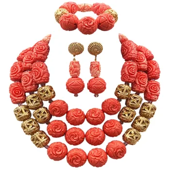 

Gorgeous Pink Artificial Coral Beaded African Jewelry Set Necklace Set Nigerian Wedding Bridal Jewelry Sets for Brides ACB-29
