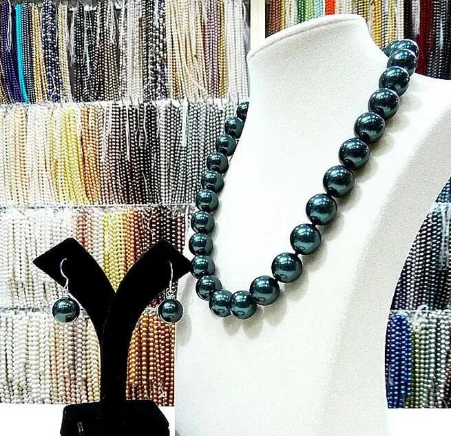 

Women Jewelry Set 12-16mm round bead dark green real natural south sea shell pearl necklace dangle hook earring