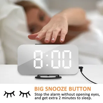 

LED Digital Desktop Mirror Alarm Clock Snooze Display Time with Dual USB Port for Phone, Automatically Adjust the Brightness