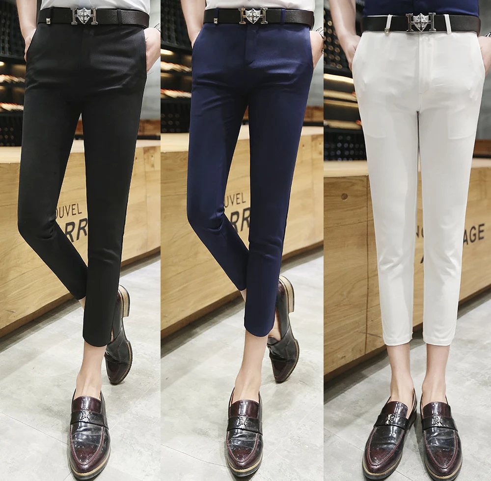 New Men's Stylish Solid Slim Fit Mod Casual Office Dress Cropped Pants
