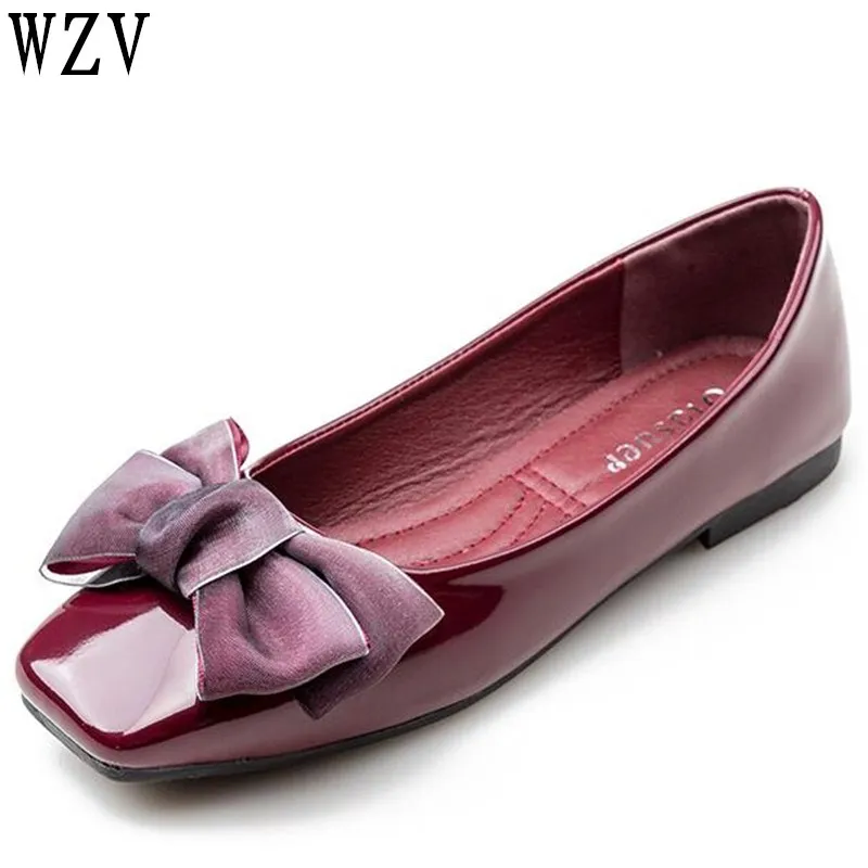 

2018 New Arrival Patent Leather Flats Women Ballet Flats Shoes Women Plus Size 41 Square Toe Bowtie Shoes For woman