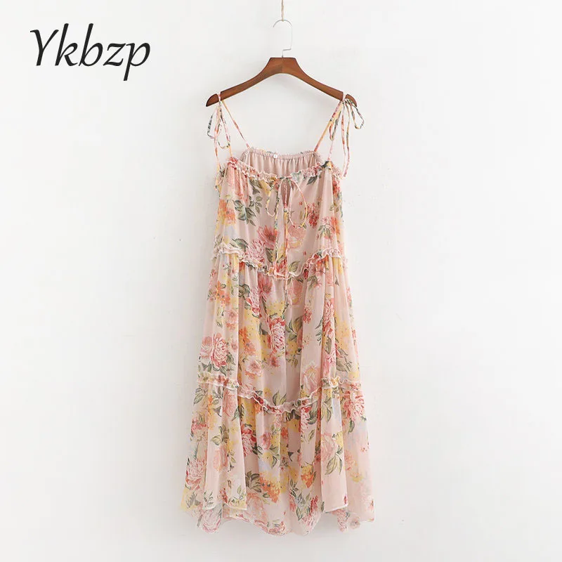 

sexy summer casual fashion woman clothes Printing floral dress backless suspender chiffon ruffle dresses elegant sundress