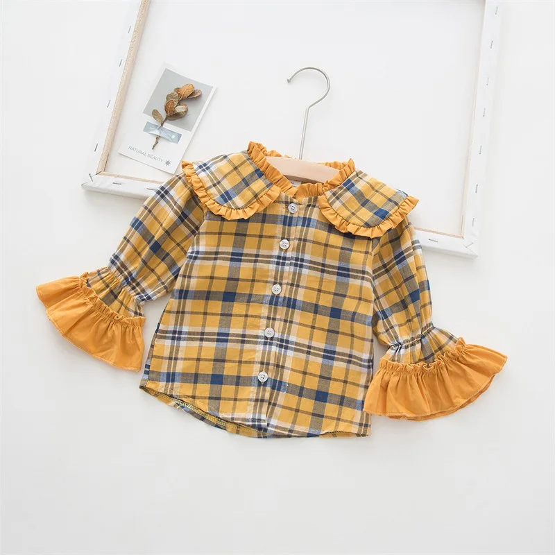 Welaken/Коллекция года; винтажная клетчатая блузка для маленьких девочек; Новая осенне-Весенняя верхняя одежда; рубашка с рукавами-колокольчиками; индивидуальная детская одежда - Цвет: Цвет: желтый