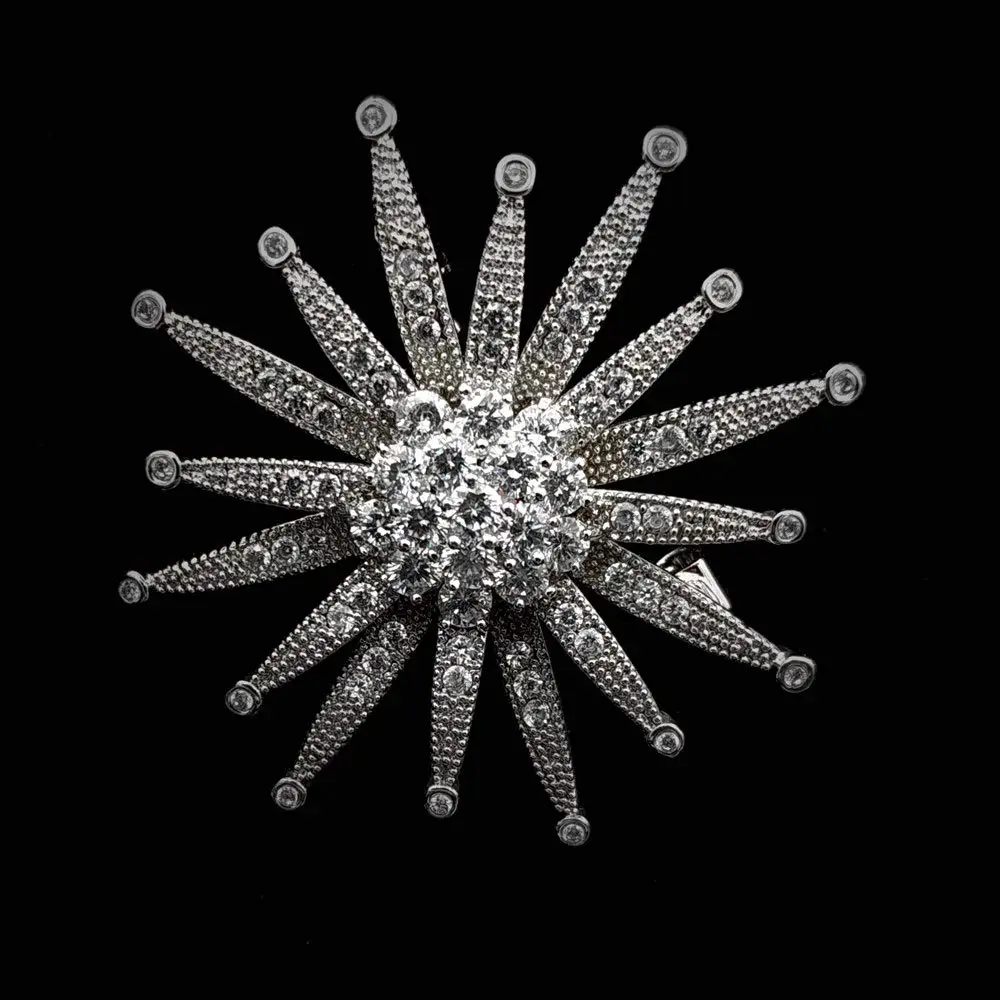 

Vintage Designer Micro Pave Clear CZ Round Burst Star Brooch Silver Tone Multi Regularly Pointed Burst Atomic Pin Unisex Jewelry