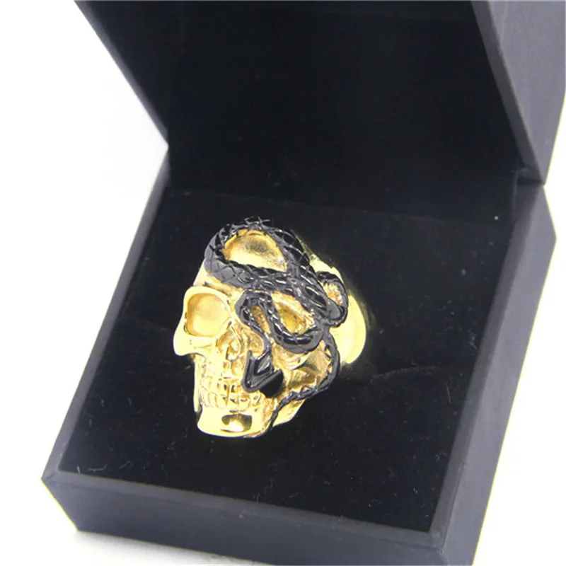 Rany&Roy Dropship Size 7-15 Black Golden Skull Ring 316L Stainless Steel Fashion Hiphop Style Snake Skull Ring