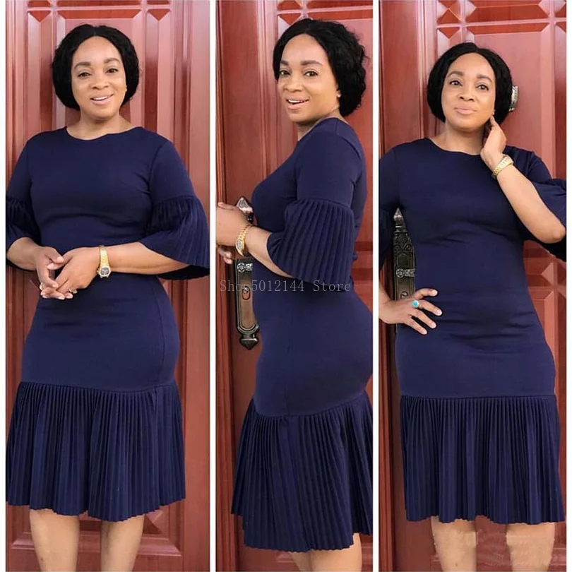

Afri Women Solid Color Pleated Stitching Commuter Dress High Quality Flare Sleeve Ruffles O-Neck Dress Elegant Party ca Clothing
