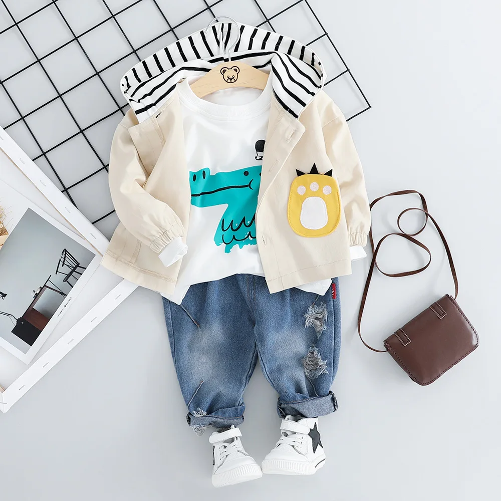 Cool boys fall dino outfits fashion hot sale jeans coat tops kids baby 3 pieces clothing set
