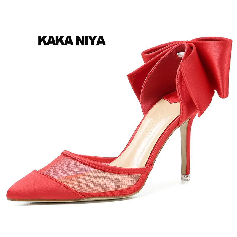 

Red Party Stiletto Pumps Bow 2018 Ladies D'orsay Sandals Bridal Mesh Pointed Toe Size 4 34 Green Satin Heels High Shoes Bride