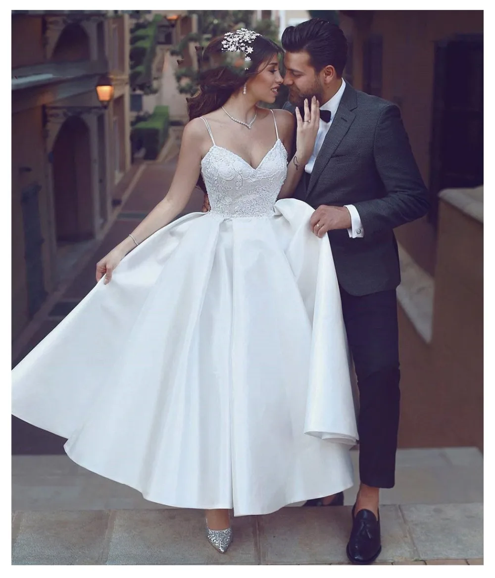 

Spaghetti Straps Wedding Dress Vestidos de novia 2019 White A Line Bridal Dress Satin Sexy Romantic Ankle Length Wedding Gowns