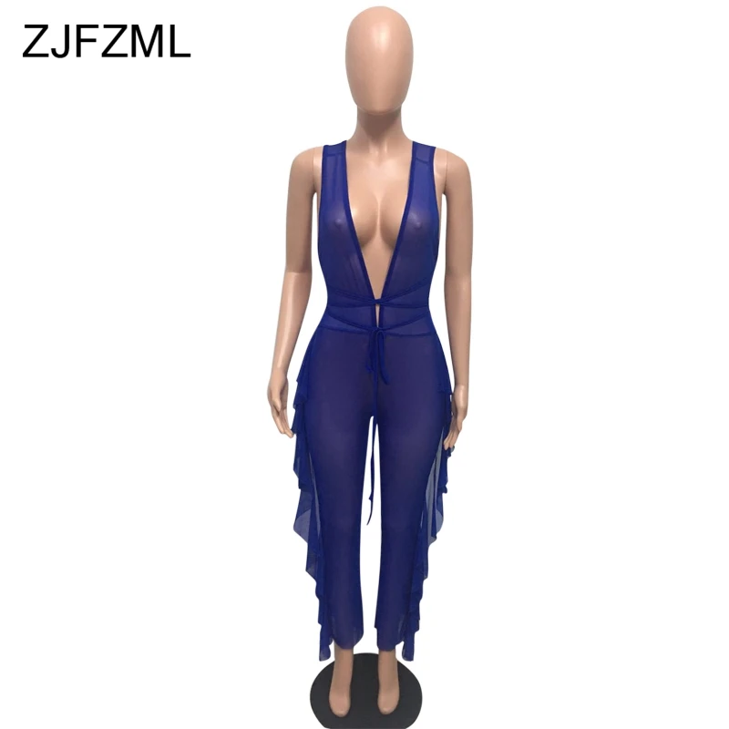 ZJFZML цвет: черный, синий сетка видеть сквозь сексуальные комбинезон без рукавов с v-образным вырезом сбоку Ползунки с оборками Лето спинки