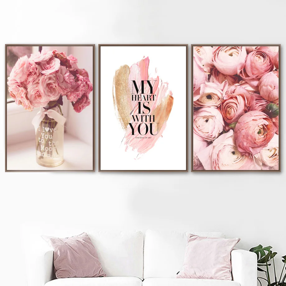 

Pink Rose Flowers Wall Art Canvas Painting Nordic Poster Peony Posters And Prints Wall Pictures Living Room Home Decor Unframed