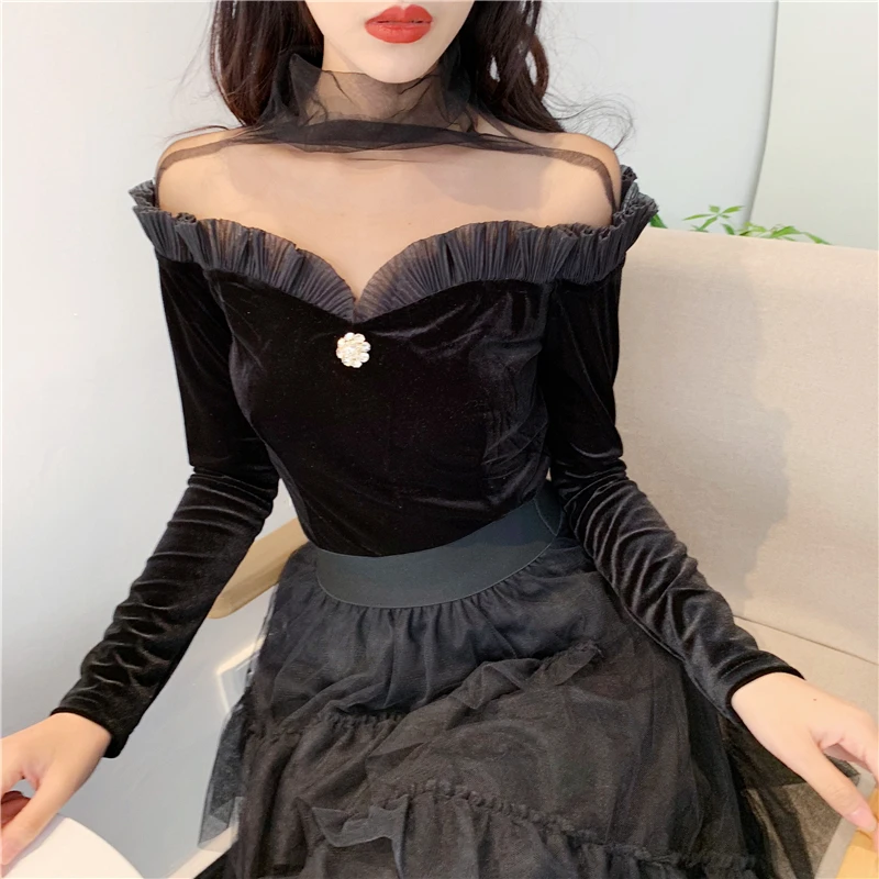 Tanie OllyMurs 2019 nowych kobiet w stylu Vintage welur długa koszula Mesh łączone Slim bluzki damskie z długim rękawem kobiet aksamitne koszule bluzki