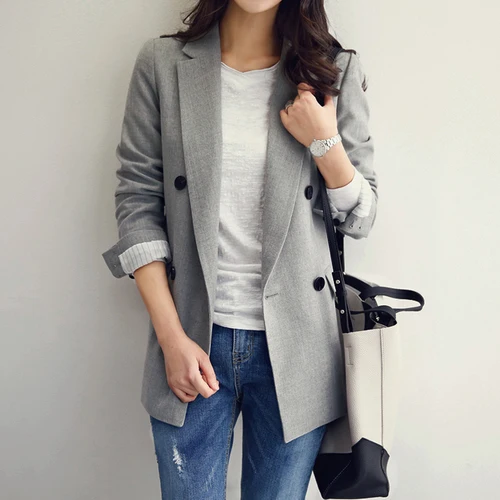 Blazer Women Double Breasted Notched Collar Korean Casual Suit Blazers And Jackets 2019 Vintage Outerwear Spring Womens Clothing