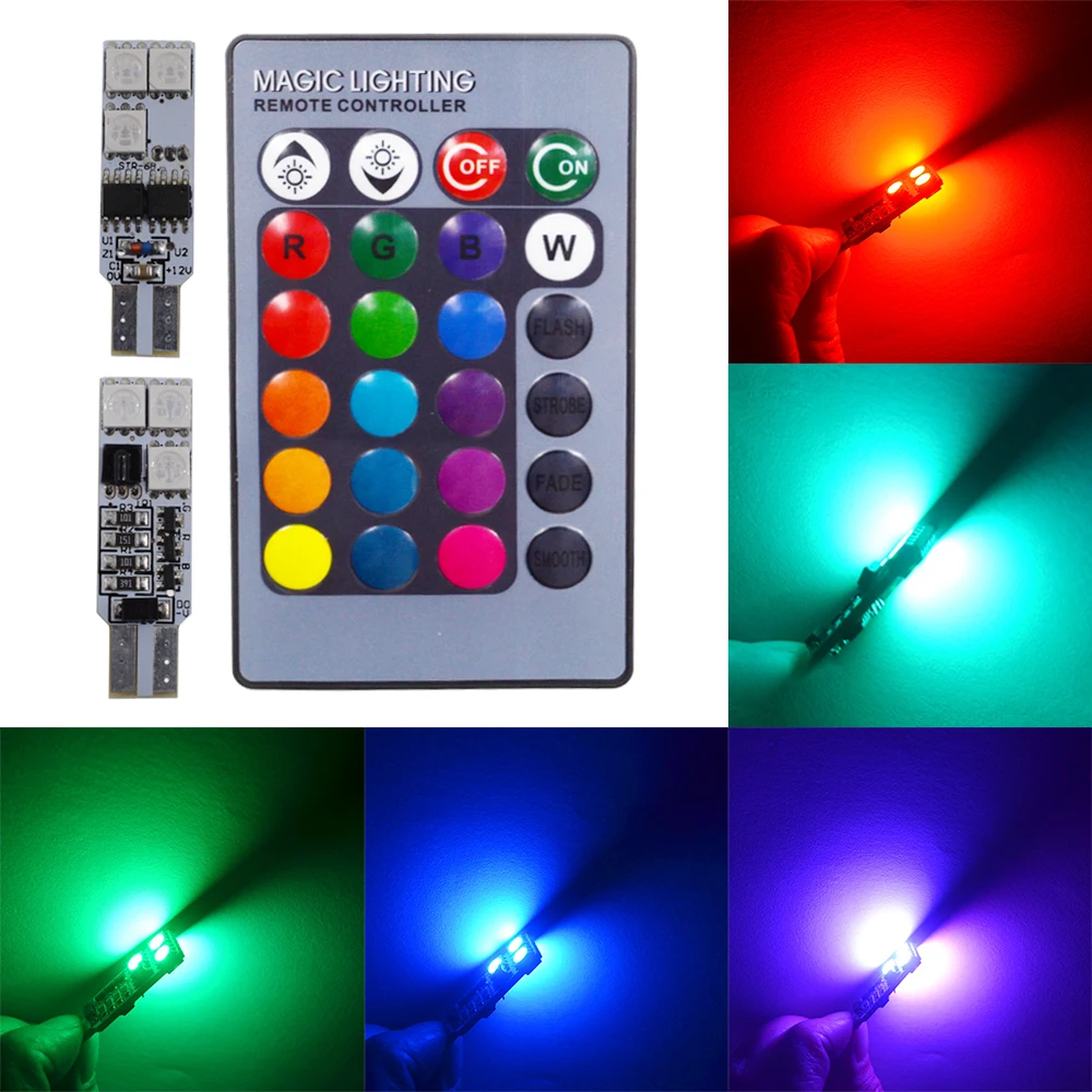 

1Pair T10 RGB Multi Colors Changing LED Lamp Bulb Colorful Auto Car Interior Light with Remote Control Auto Led bulbs Dome Light