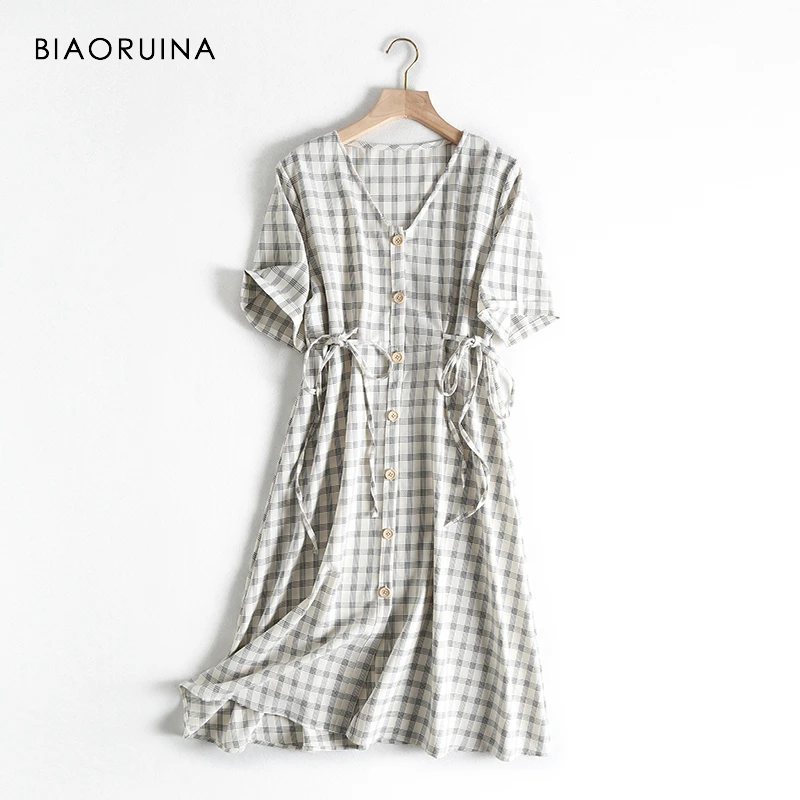 

BIAORUINA Women's Vintage Plaid Single Breasted Shirt Dress Female Casual V-neck A-line Long Summer Dress Vestidos