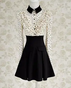 

Fress Shipping High Quality Pink Dollar Elegant Peter Pan Collar Ruffles Heart Printed Long Sleeve Woman Chiffon Dress