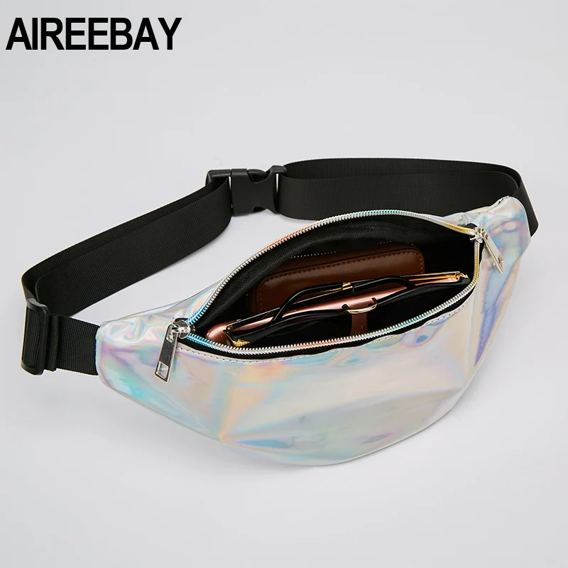 AIREEBAY Женская поясная сумка с голограммой Синяя лазерная нагрудная Серебристая