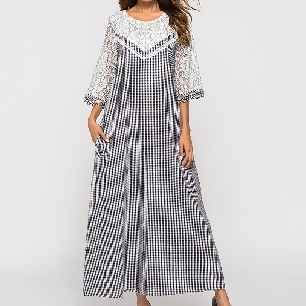Fashsiualy Для женщин Vestido 2019 О-образным вырезом Половина рукава Кружева плед Женская