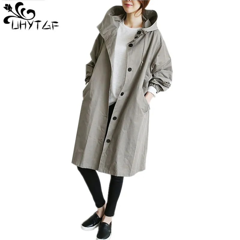 

UHYTGF 2019 New Spring Autumn Women's Trench Coats Plus Size 4XL Woman's Coat tops Female Loose Medium long trench coats X314