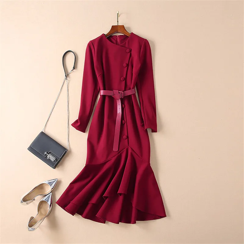 

European Fashion Woman Dress 2019 Spring New Designers Elegant Lady Long Sleeve Slim Mid Calf Celebrity Party Dresses with Belt